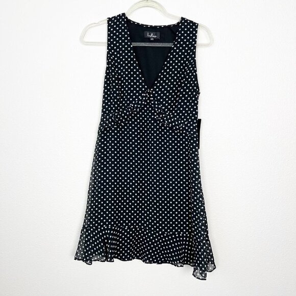 Lulus You Got It Black Polka Dot Mini Dress Sleeveless Ruffle V-Neck Womens Smal - Picture 2 of 11